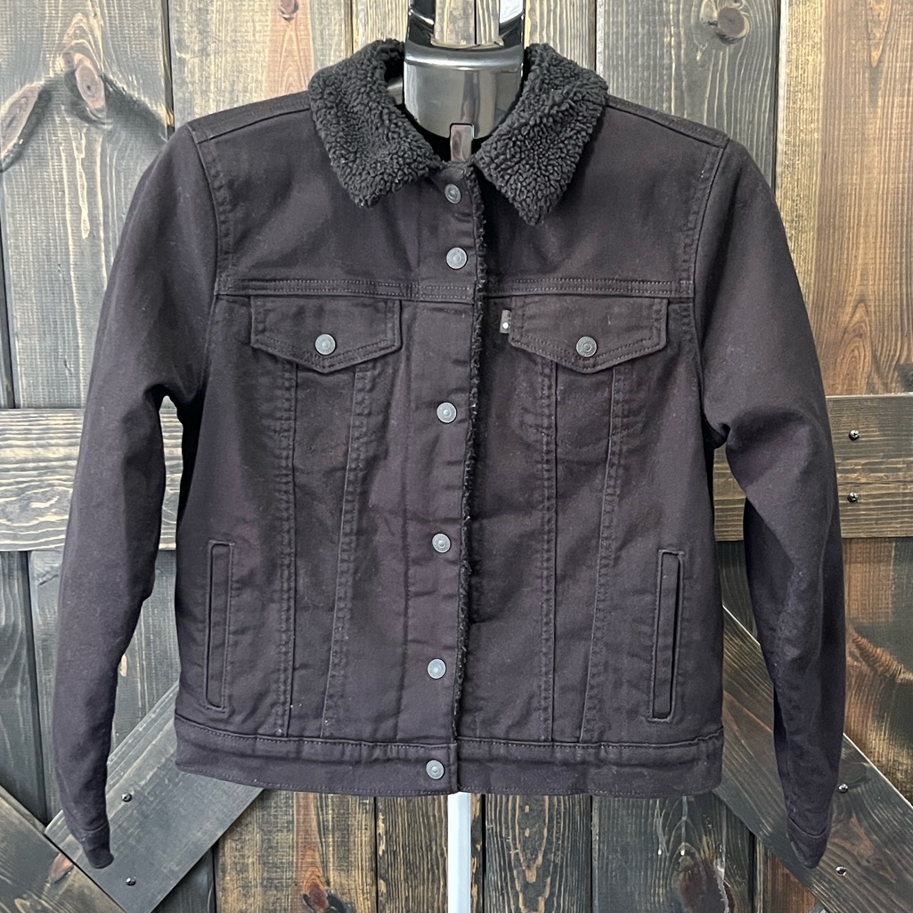 Levi's Sherpa Trucker Jacket L Black Denim Lined Snap Front Classic Casual